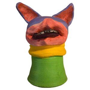 Unique Monster Head Sculpture Tongue Teeth Scary Creature OOAK Modern Art Oddity